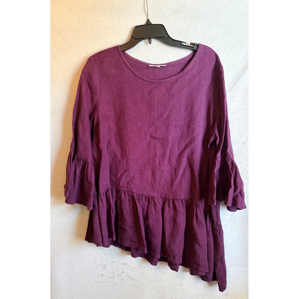 Bryn Walker Purple 100% Linen Asymmetrical Bell Sleeve Tunic Top Small